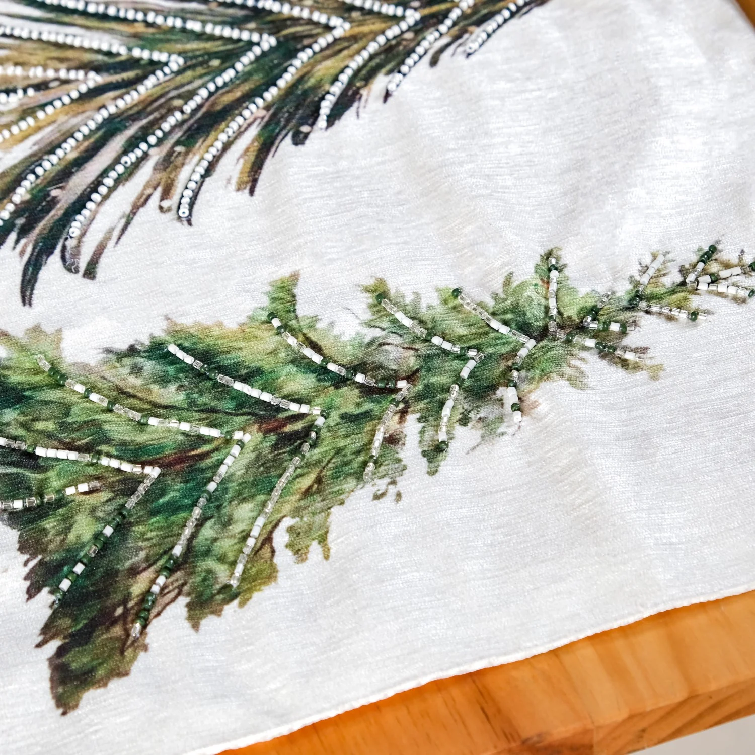 Grove Of Pine Trees Print Embellished White Dining Table Runner - Image 8