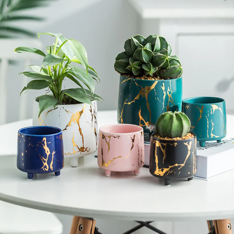 Halcyon Gold Green Marble Ceramic Planter With Legs Small - Image 10