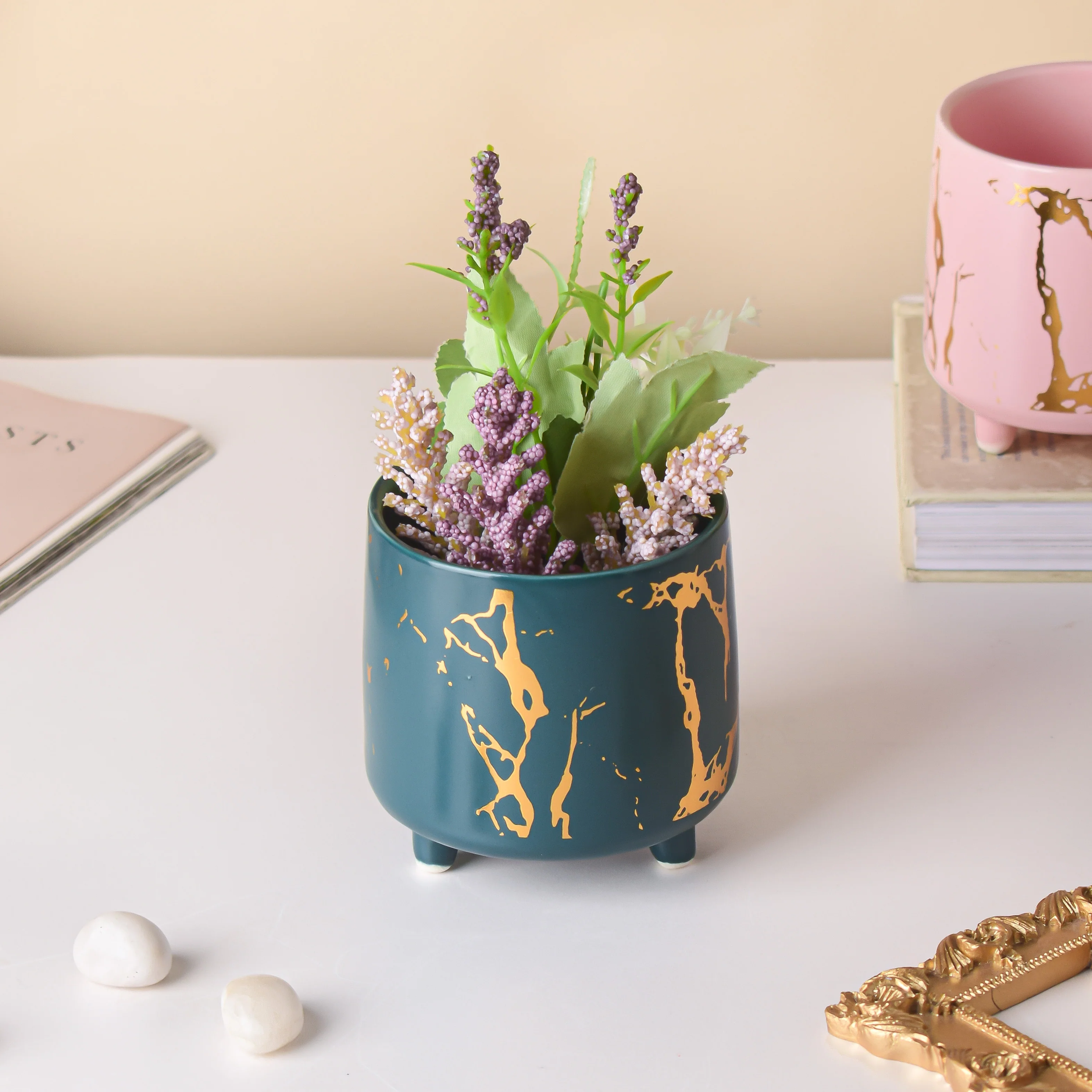 Halcyon Gold Green Marble Ceramic Planter With Legs Small - Image 2
