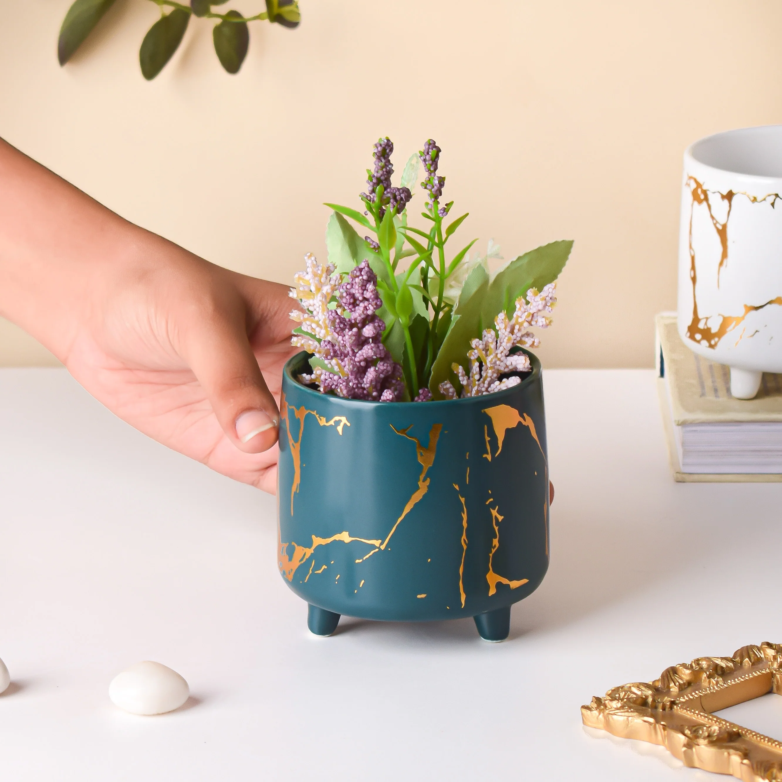 Halcyon Gold Green Marble Ceramic Planter With Legs Small - Image 3