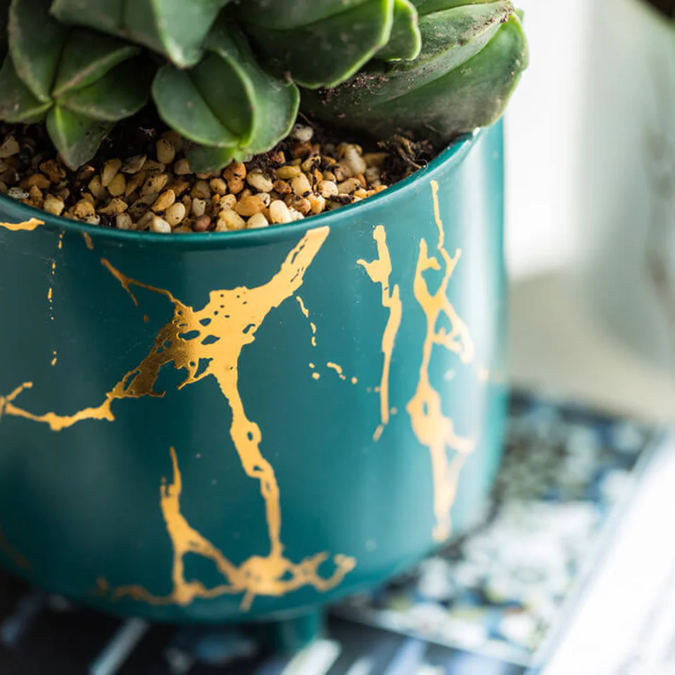 Halcyon Gold Green Marble Ceramic Planter With Legs Small - Image 5