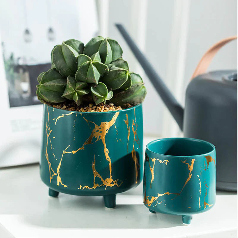 Halcyon Gold Green Marble Ceramic Planter With Legs Small - Image 7