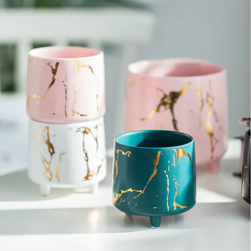 Halcyon Gold Green Marble Ceramic Planter With Legs Small - Image 8