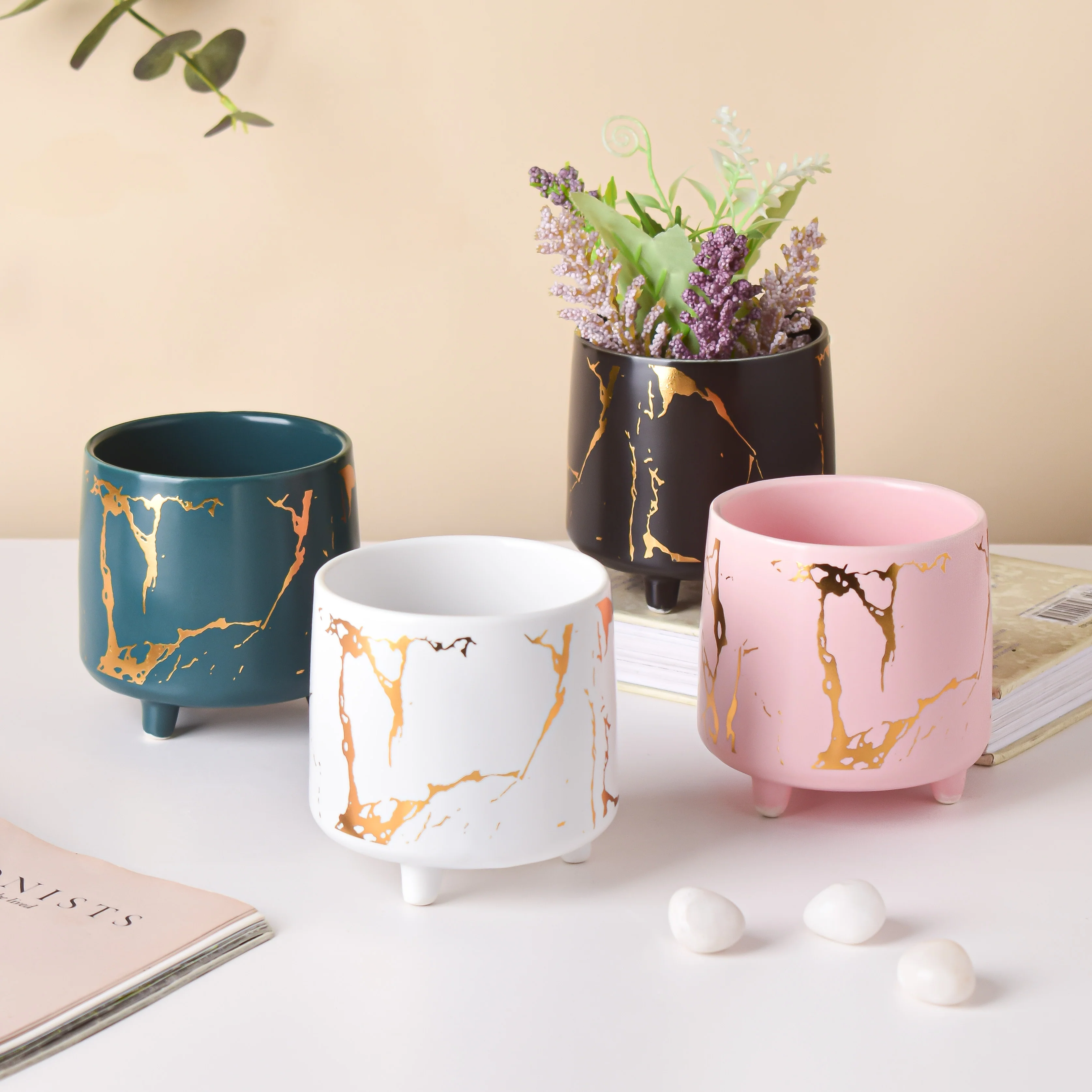 Halcyon Gold Green Marble Ceramic Planter With Legs Small - Image 9