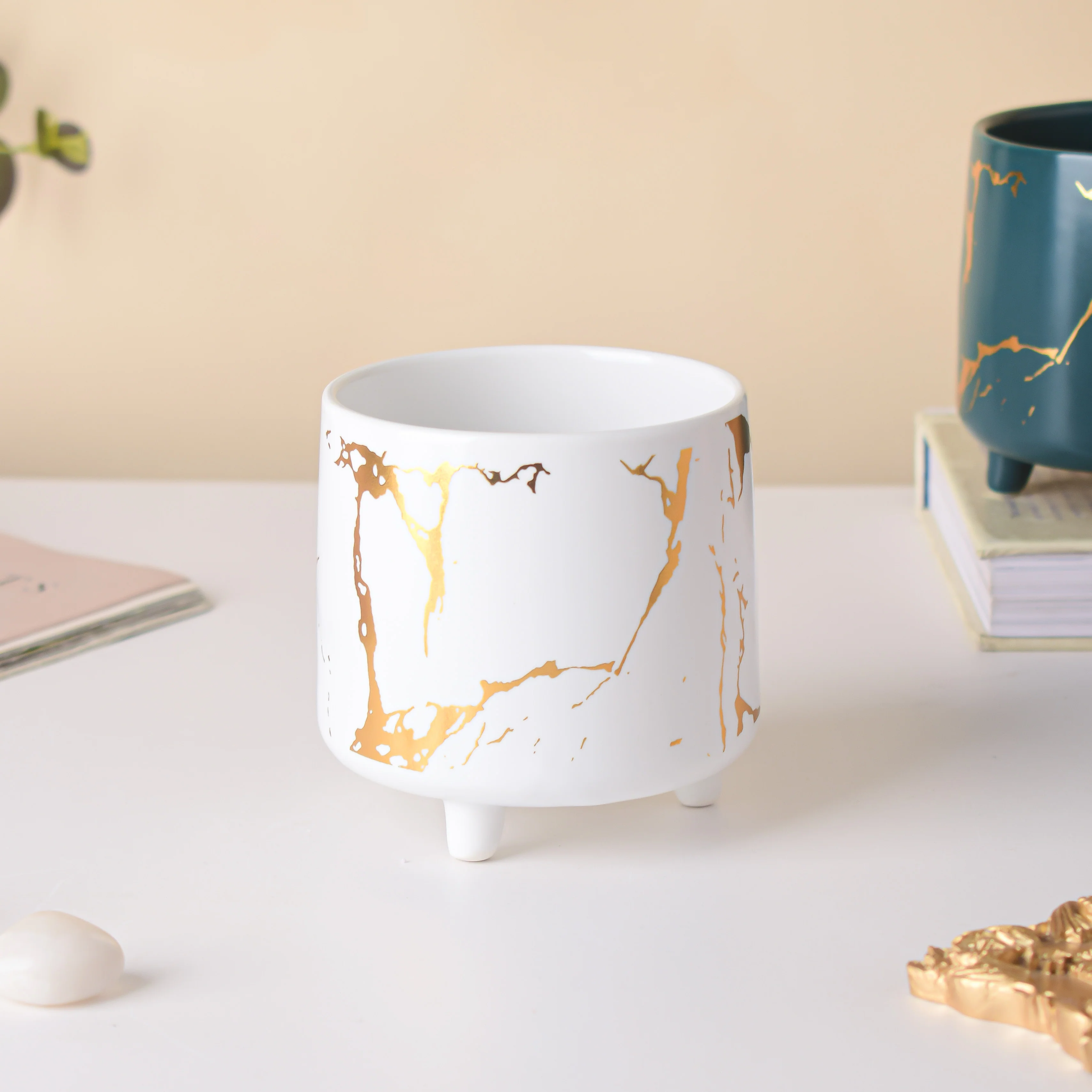 Halcyon Gold White Marble Ceramic Planter With Legs Small