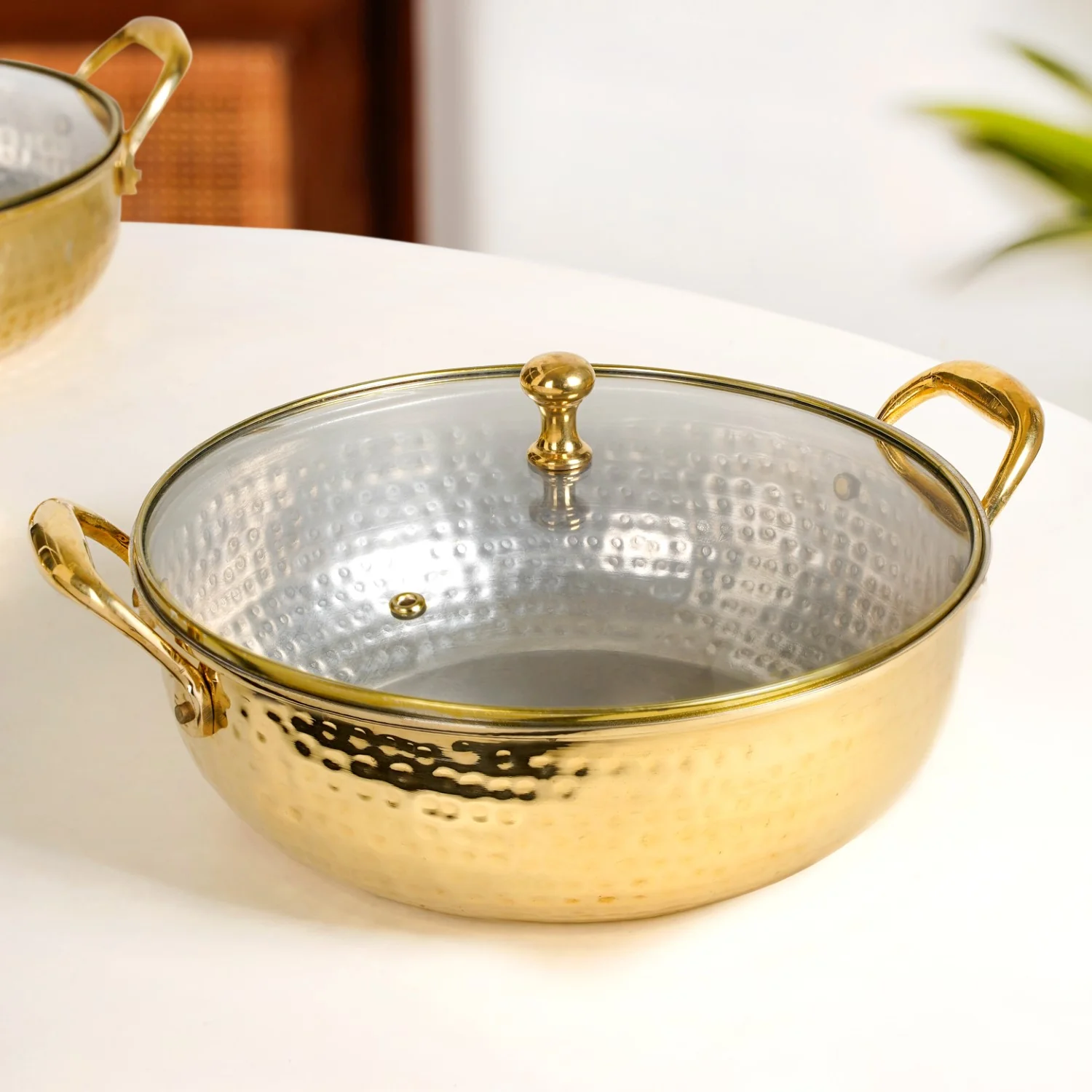 Hammered Pure Brass Kadhai With Glass Lid 4000ml - Image 2