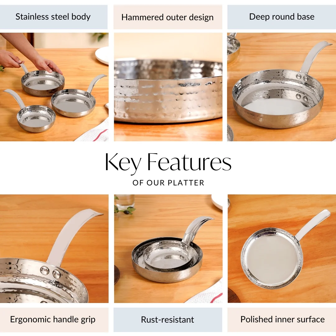 Hammered Stainless Steel Serving Pan With Handle Set Of 3 - Image 5