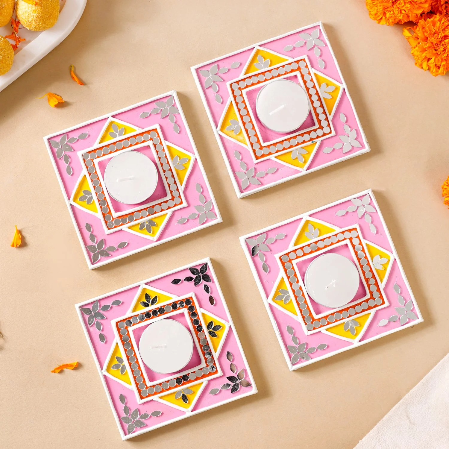 Handcrafted Mirror Work Lippan Art Tealight Candle Holder Set Of 4 - Image 3