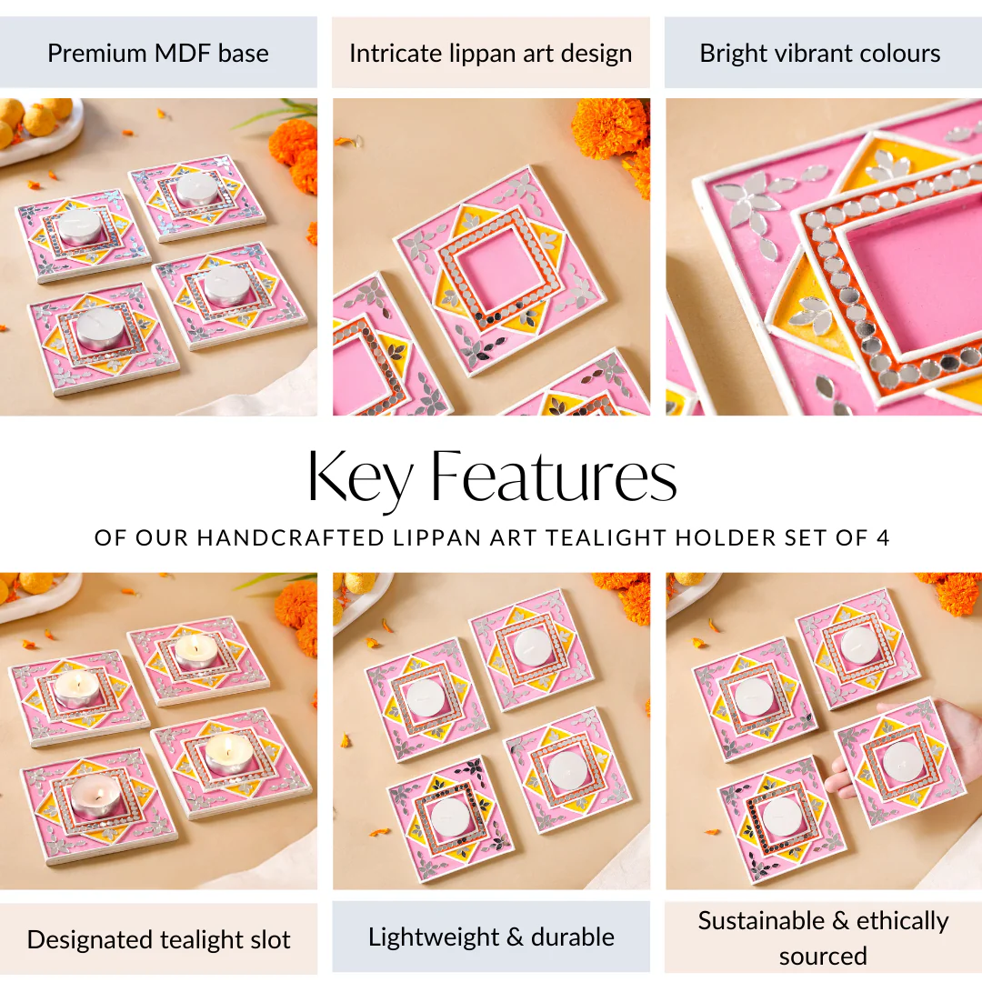 Handcrafted Mirror Work Lippan Art Tealight Candle Holder Set Of 4 - Image 5