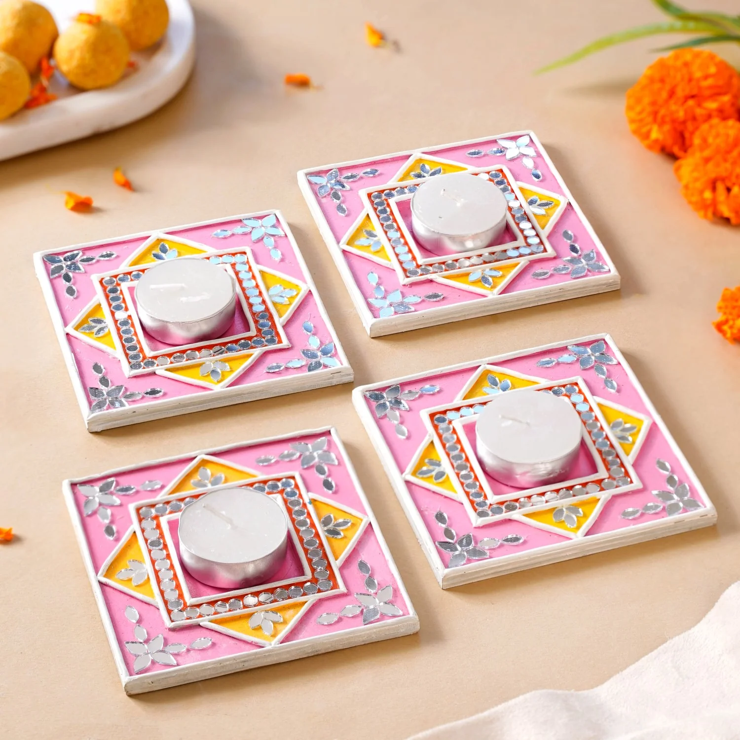 Handcrafted Mirror Work Lippan Art Tealight Candle Holder Set Of 4 - Image 8