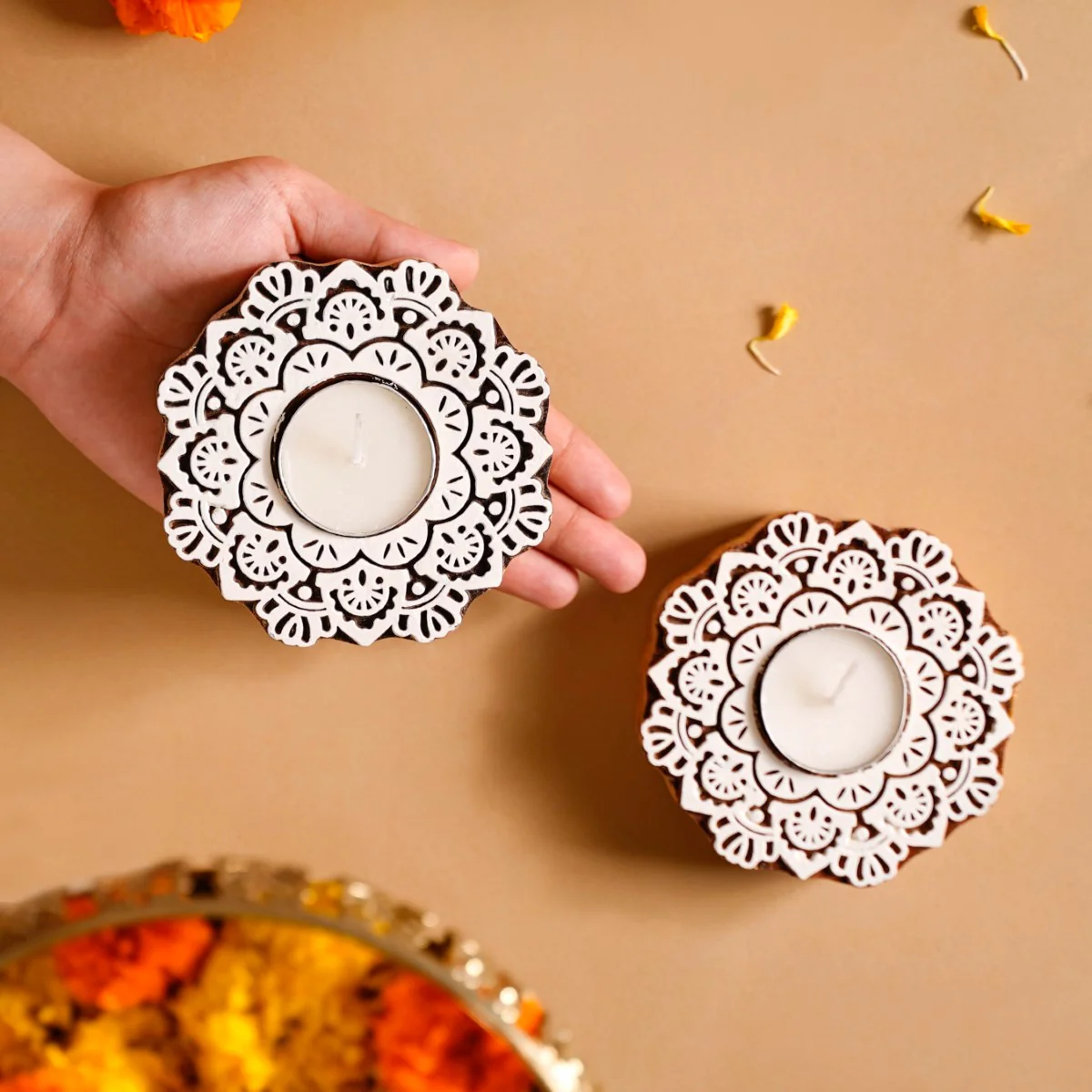 Handmade Floral Mandala Tea Light Holder Set Of 2 - Image 2