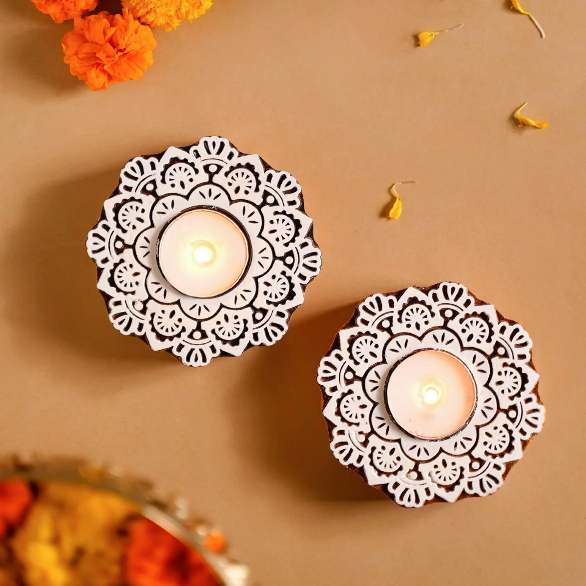 Handmade Floral Mandala Tea Light Holder Set Of 2 - Image 3