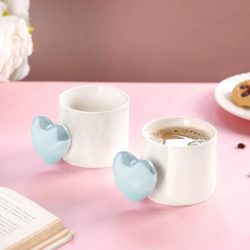 Heart Ceramic Coffee Mugs Set of 2 Blue 330ml - Image 3