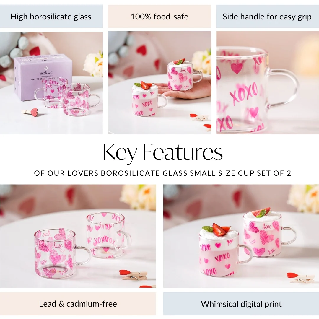 Heart XO Glass Small Size Cup Set Of 2 Pink 140ml - Image 5