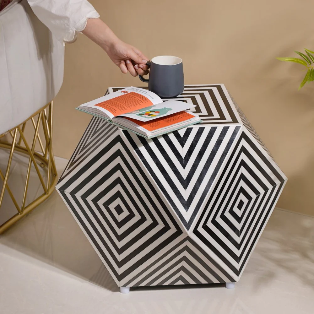 Hexagonal Inlay Coffee Table Black & White - Image 2
