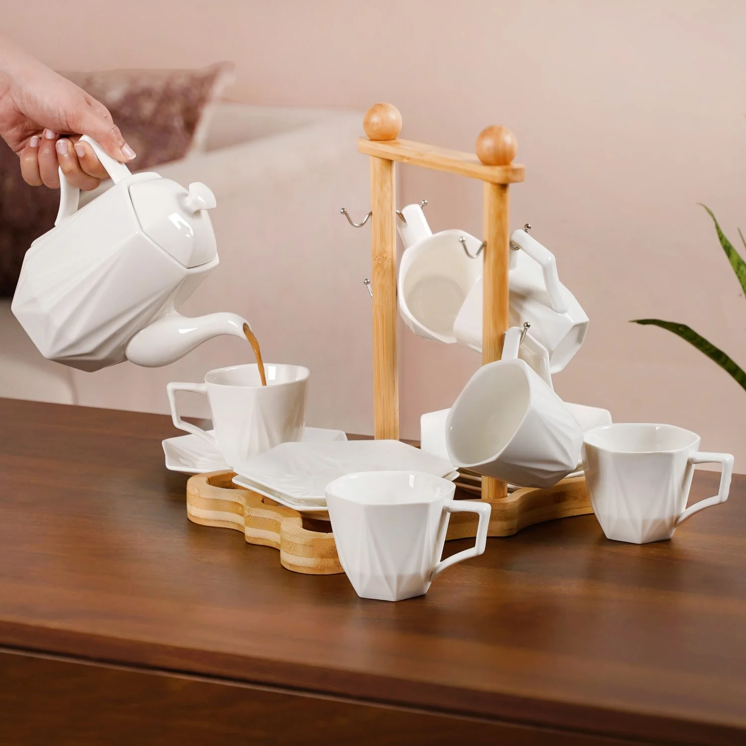 Hexagonal Minimalist White Tea Set With Wooden Stand - Image 2