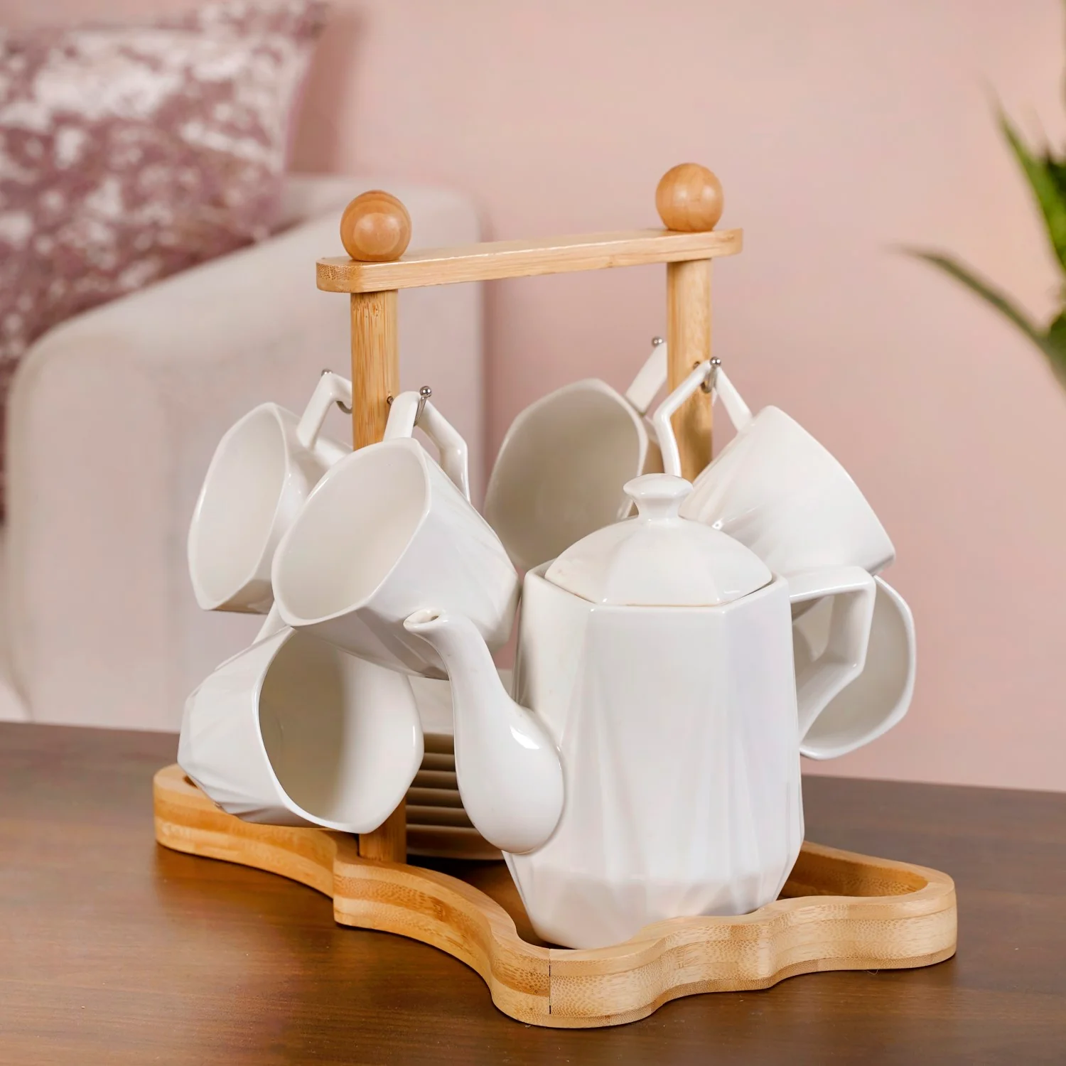 Hexagonal Minimalist White Tea Set With Wooden Stand - Image 3