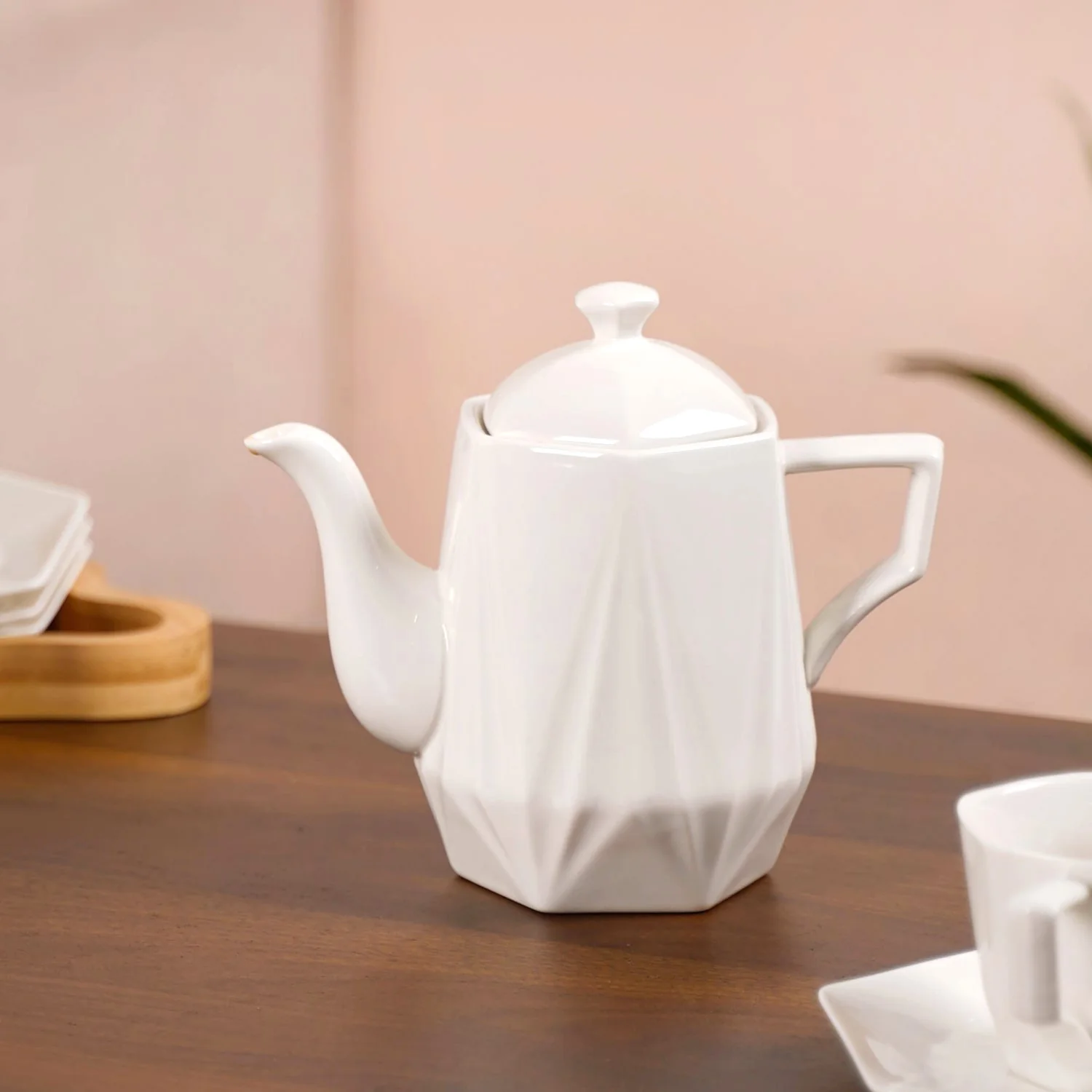 Hexagonal Minimalist White Tea Set With Wooden Stand - Image 6
