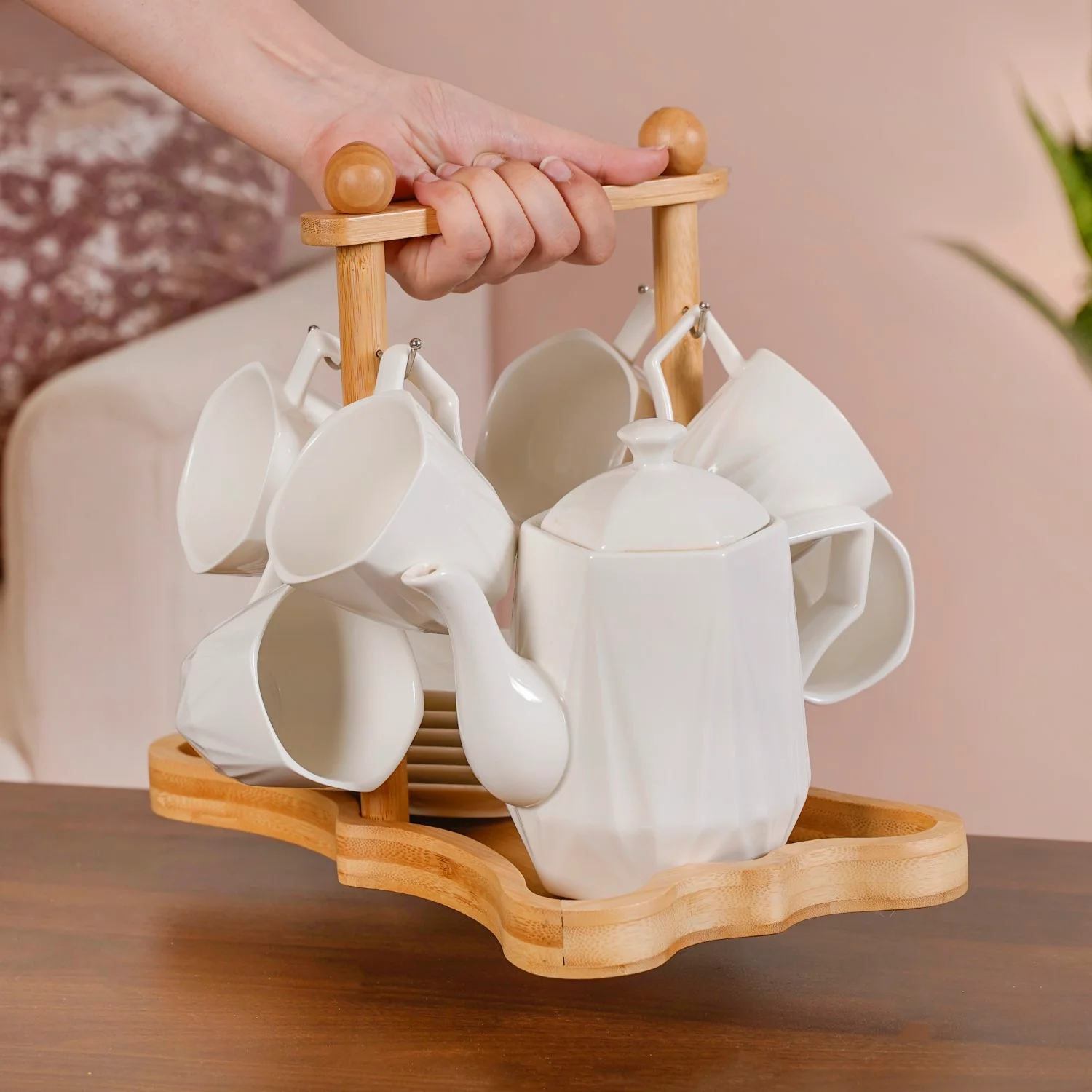 Hexagonal Minimalist White Tea Set With Wooden Stand - Image 9