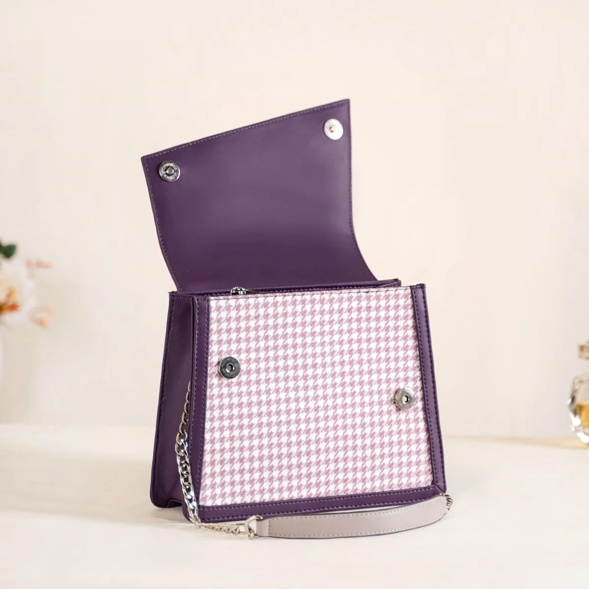 Houndstooth Diagonal Flap Handbag Purple - Image 10