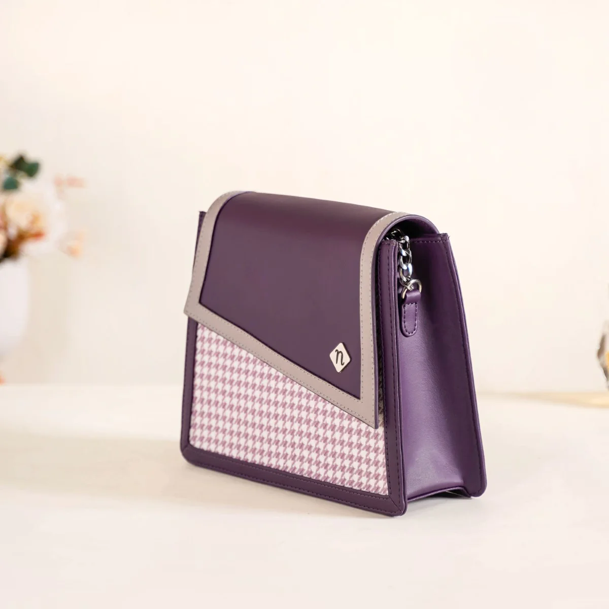 Houndstooth Diagonal Flap Handbag Purple - Image 11