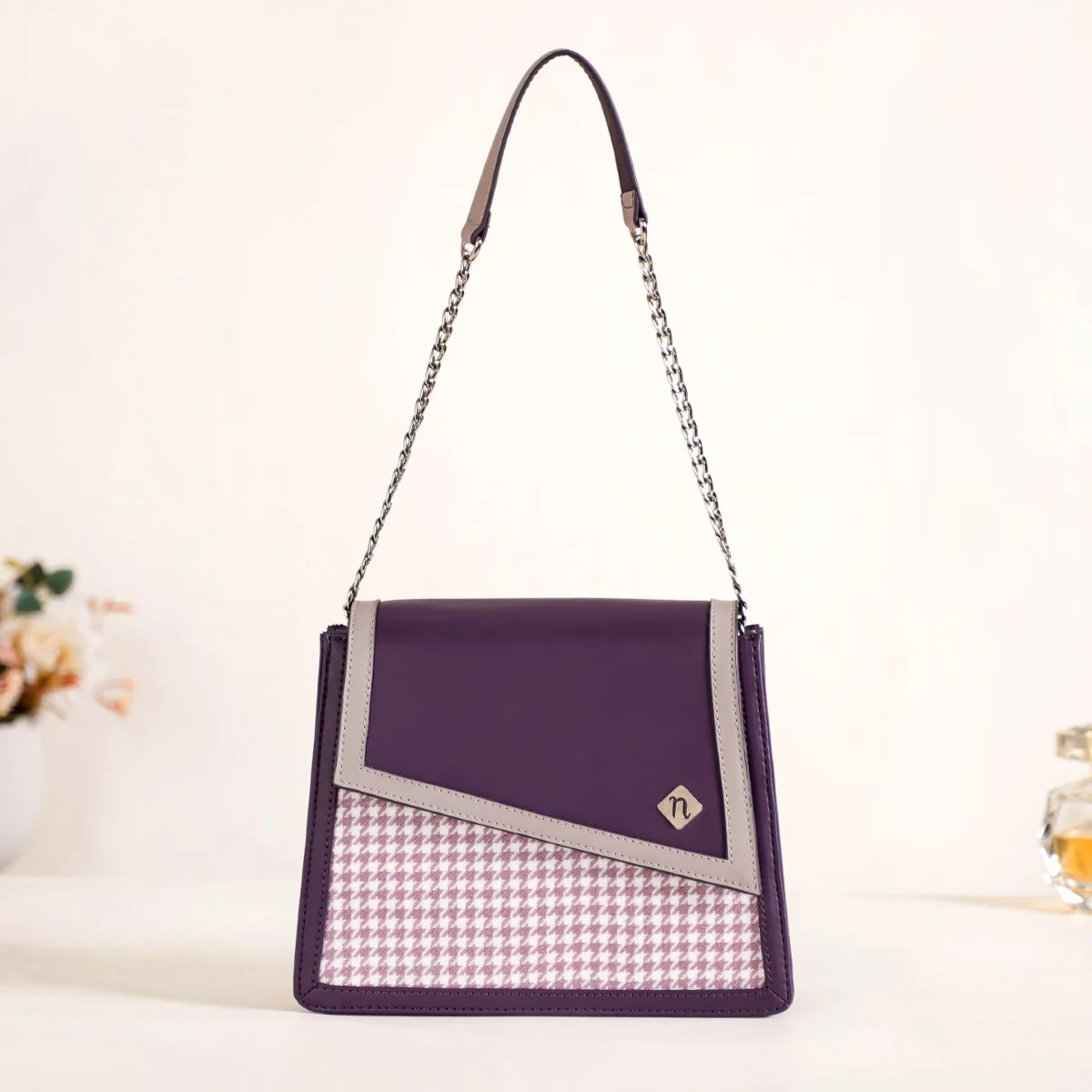 Houndstooth Diagonal Flap Handbag Purple - Image 2