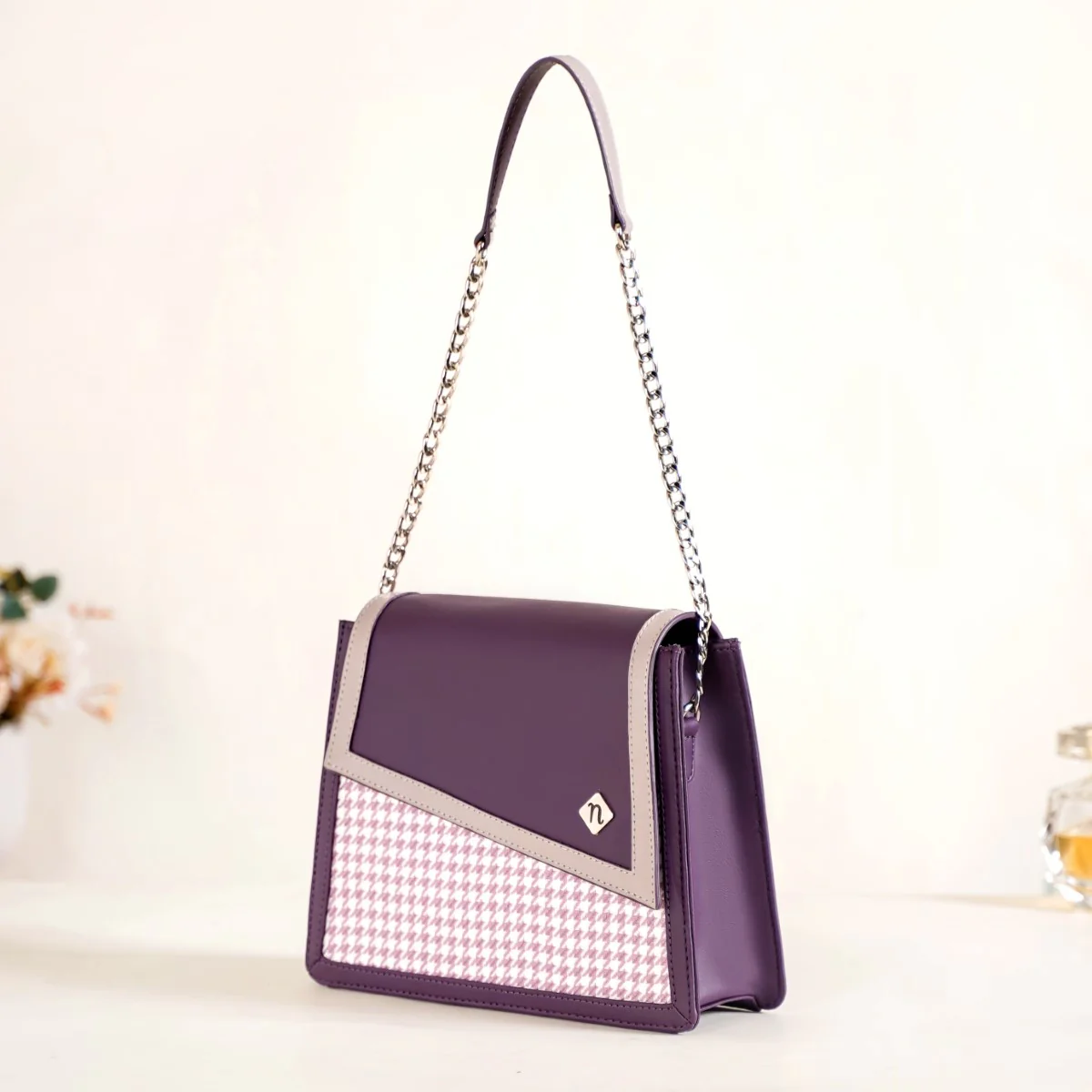 Houndstooth Diagonal Flap Handbag Purple - Image 7