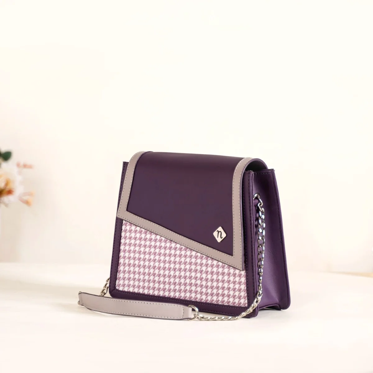 Houndstooth Diagonal Flap Handbag Purple - Image 9