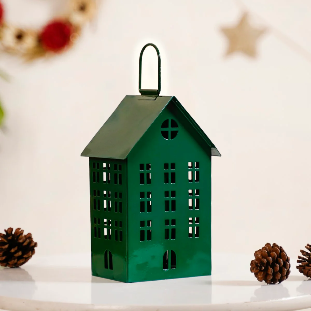 House Shaped Lantern With Handle Green - Image 10