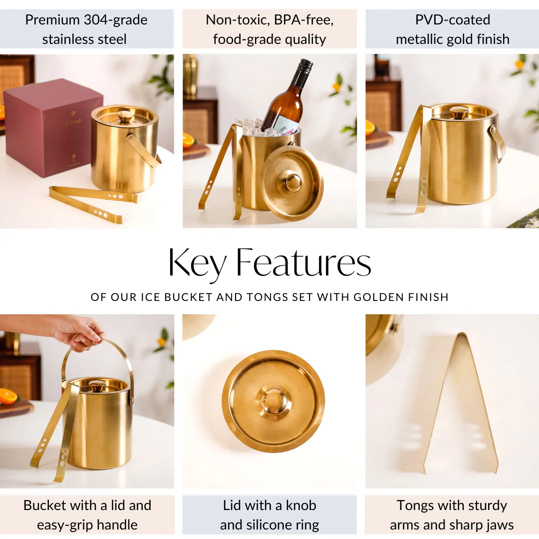 Ice Bucket And Tongs Set With Golden Finish 2000ml - Image 5