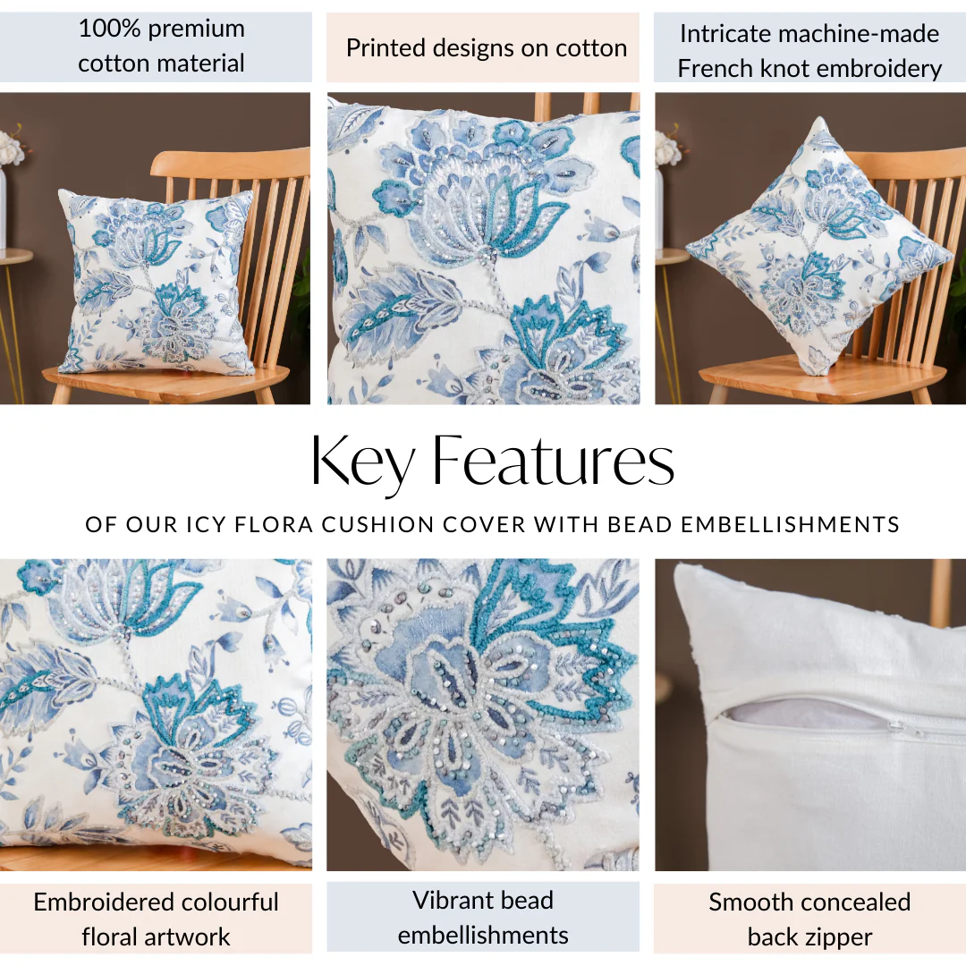 Icy Flora Cushion Cover With Bead Embellishments 40x40 cm - Image 5