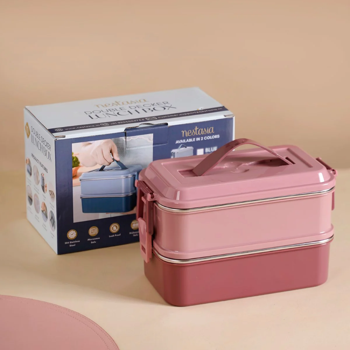 Insulated Bento Lunch Box Double Decker Pink 1400ml - Image 3