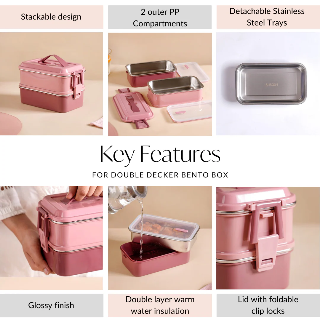 Insulated Bento Lunch Box Double Decker Pink 1400ml - Image 6