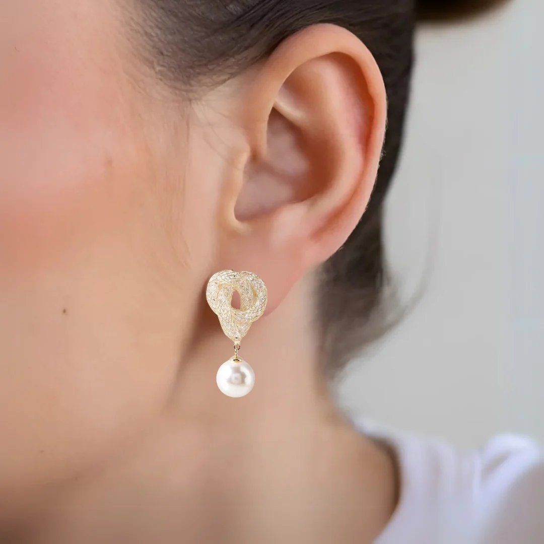 Iridescent Twist And Pearl Drop Earrings Gold - Image 5