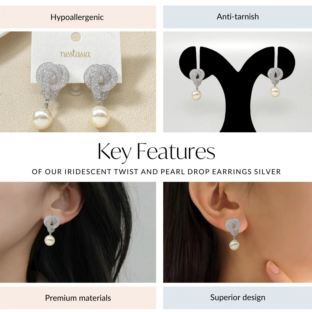 Iridescent Twist And Pearl Drop Earrings Silver - Image 4