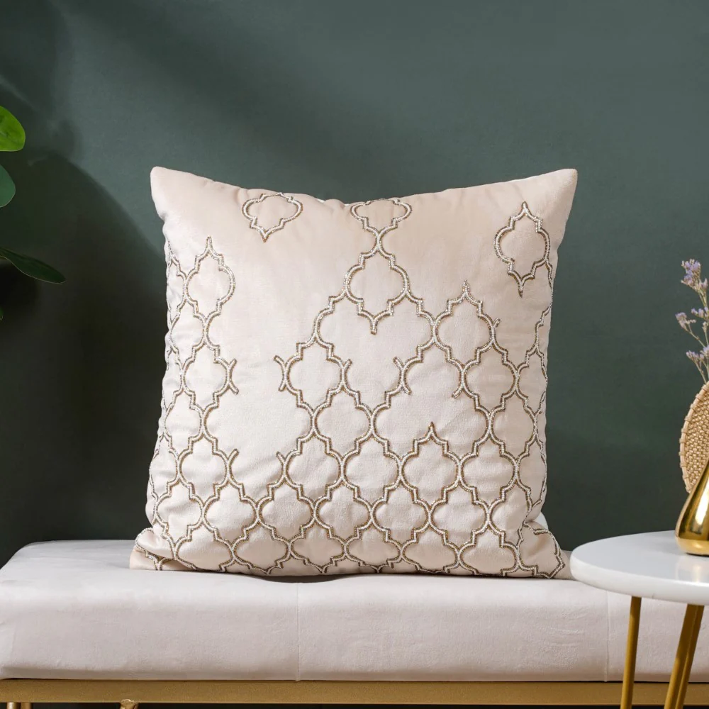 Jaal Karigari Traditional Velvet Cushion Cover Beige 16 x 16 Inch - Image 4