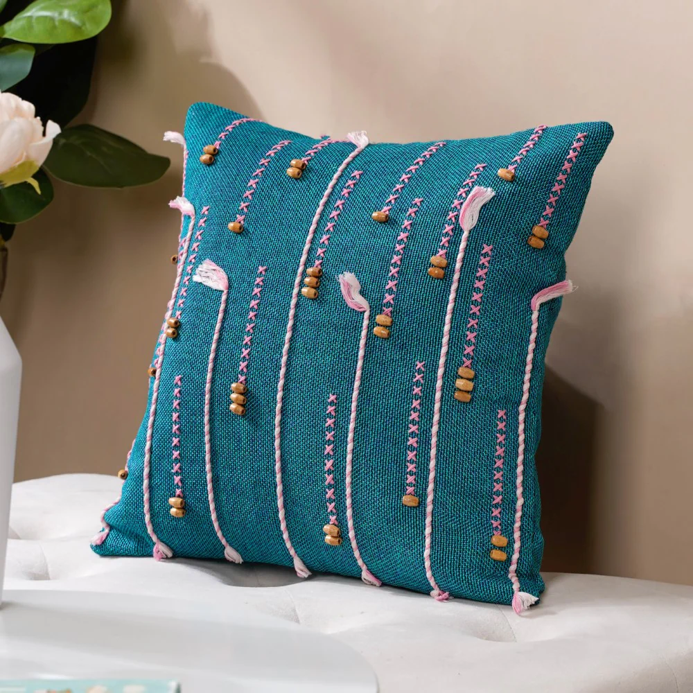 Jade Threadwork Beaded Jute Cushion Cover Green 16 x 16 Inch - Image 3