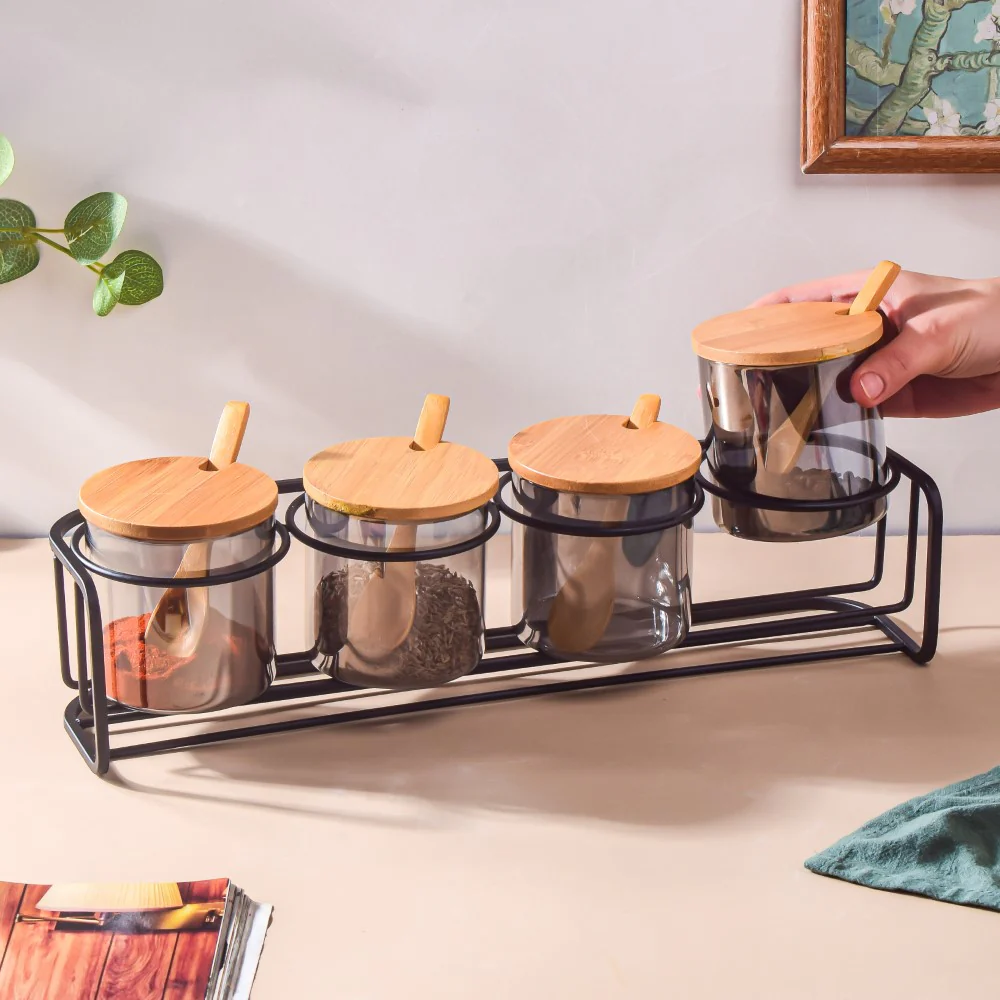 Jars With Lid And Spoon Set Of 9 Ash Grey 300ml - Image 2