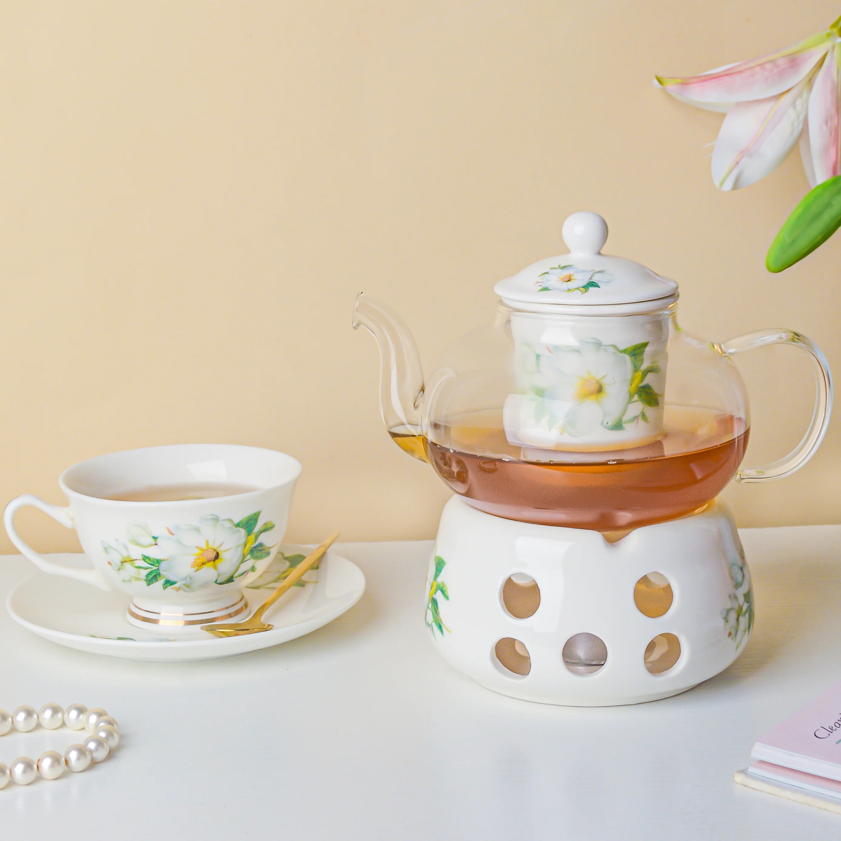 Jasmine White Glass Teapot With Warmer Base 700 ml - Image 8
