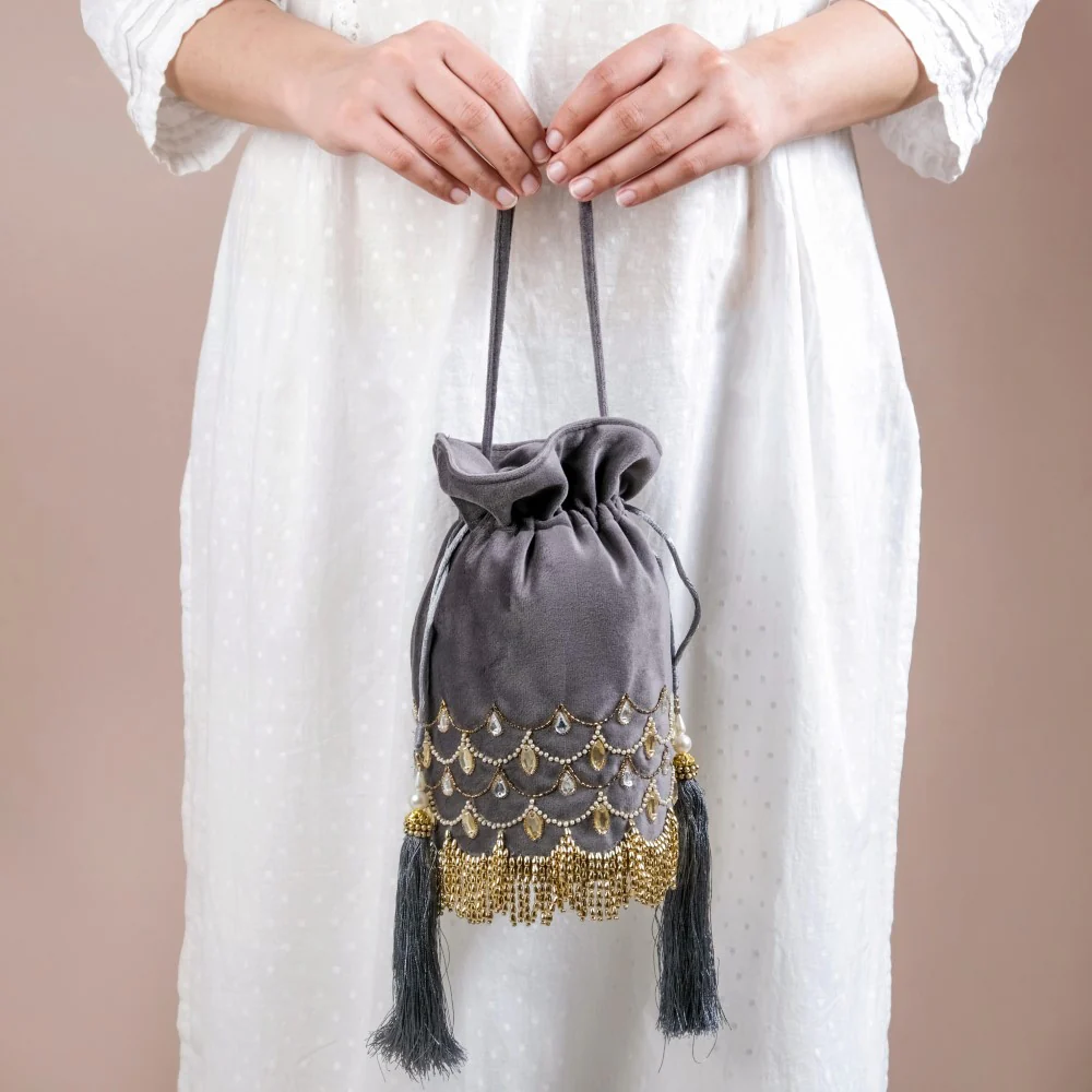 Jhoomar Velvet Potli Bag Dark Grey - Image 3