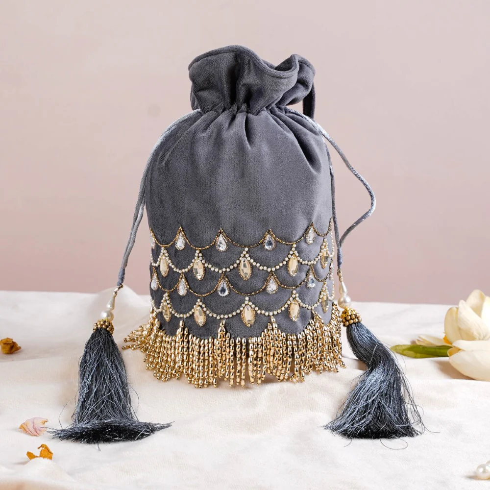Jhoomar Velvet Potli Bag Dark Grey - Image 5