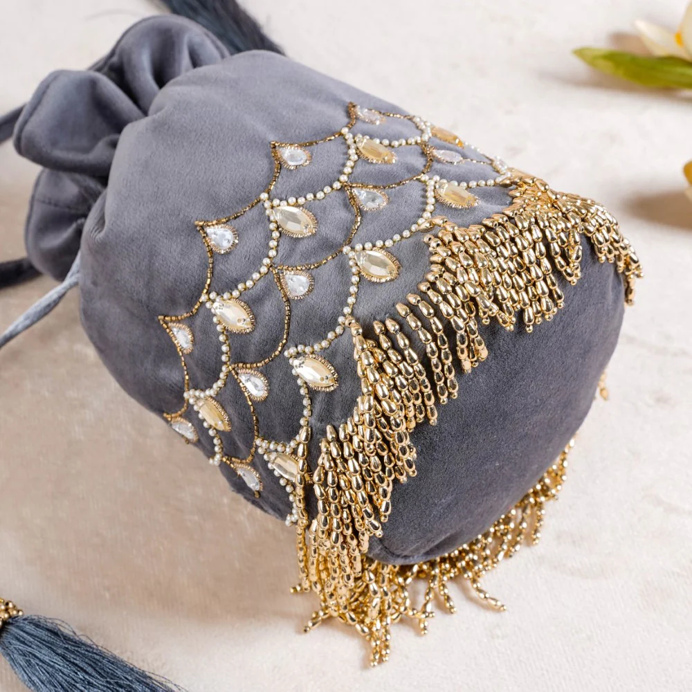 Jhoomar Velvet Potli Bag Dark Grey - Image 6