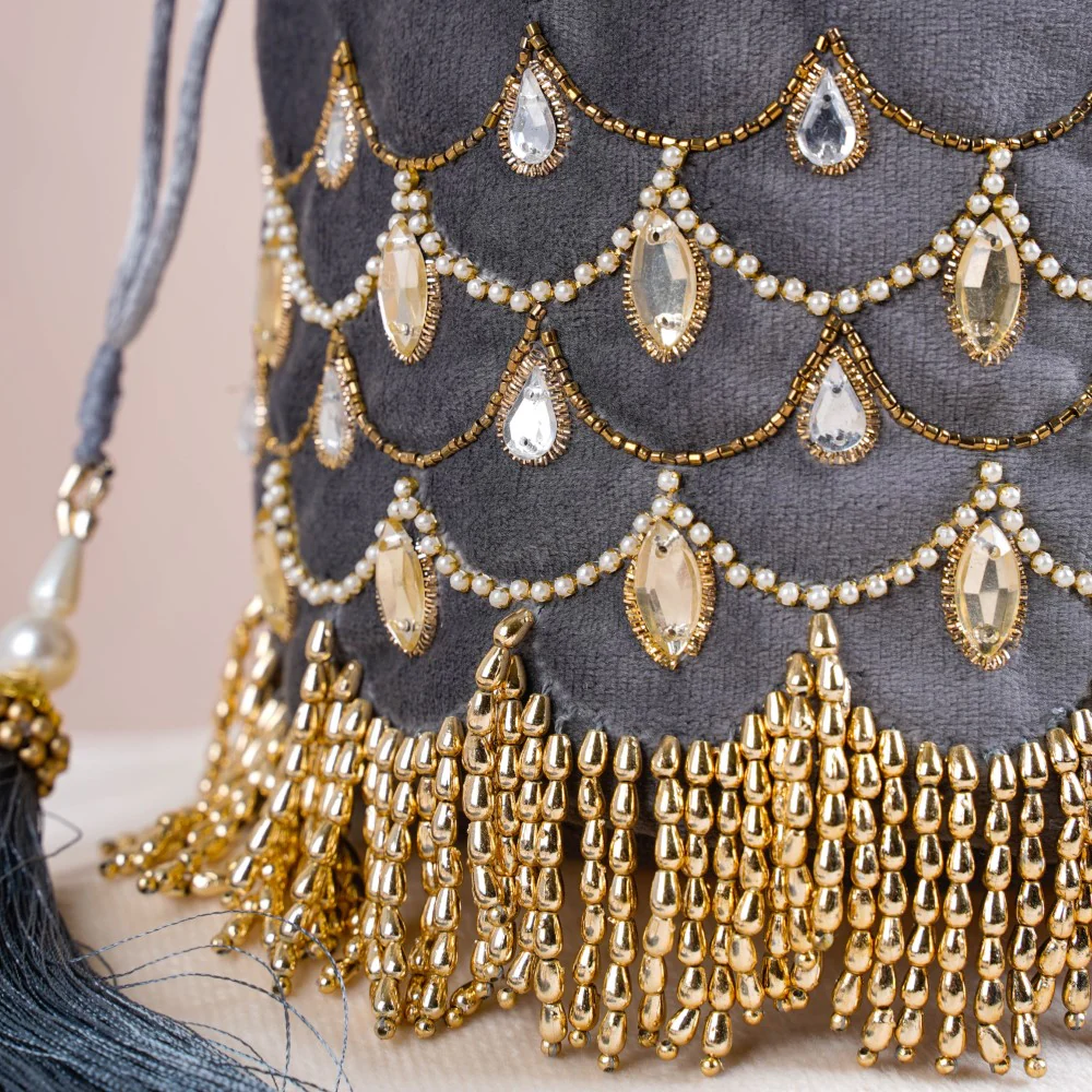 Jhoomar Velvet Potli Bag Dark Grey - Image 7