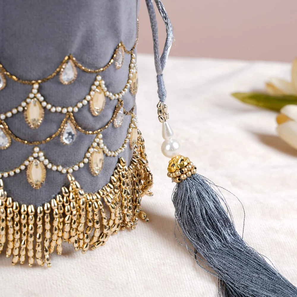 Jhoomar Velvet Potli Bag Dark Grey - Image 9