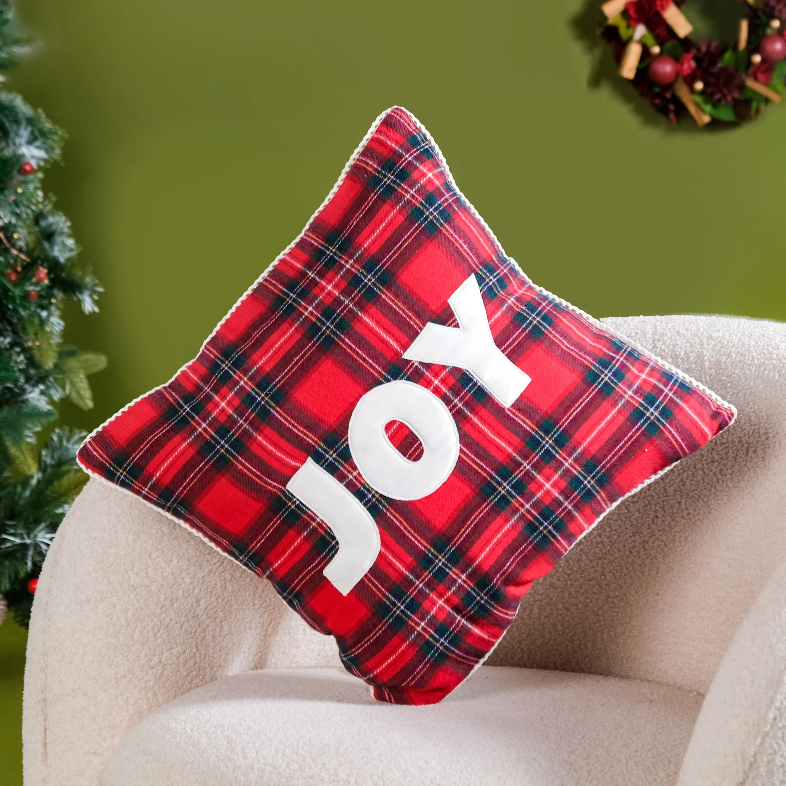 Joy Christmas Plaid Cushion Cover 40x40cm - Image 2
