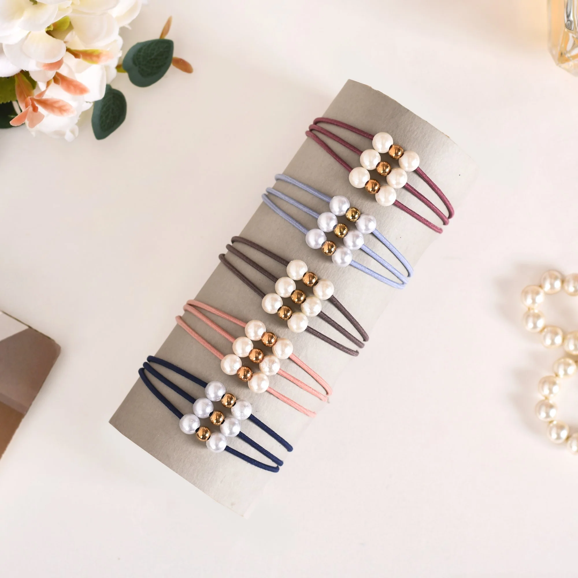 Knotted Faux Pearl Scrunchie Set Of 5 - Image 3