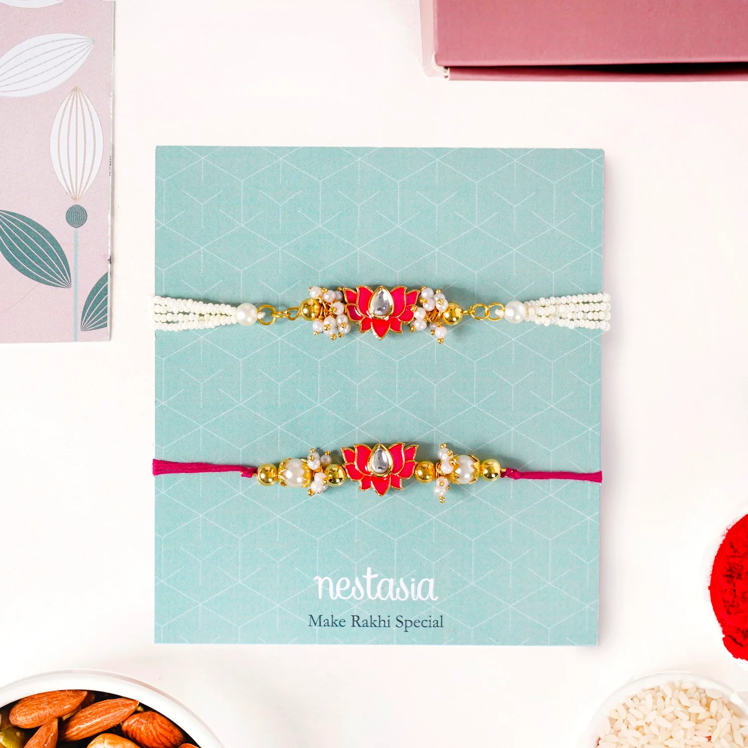 Kundan Lotus Rakhi Hamper For Couple - Image 6