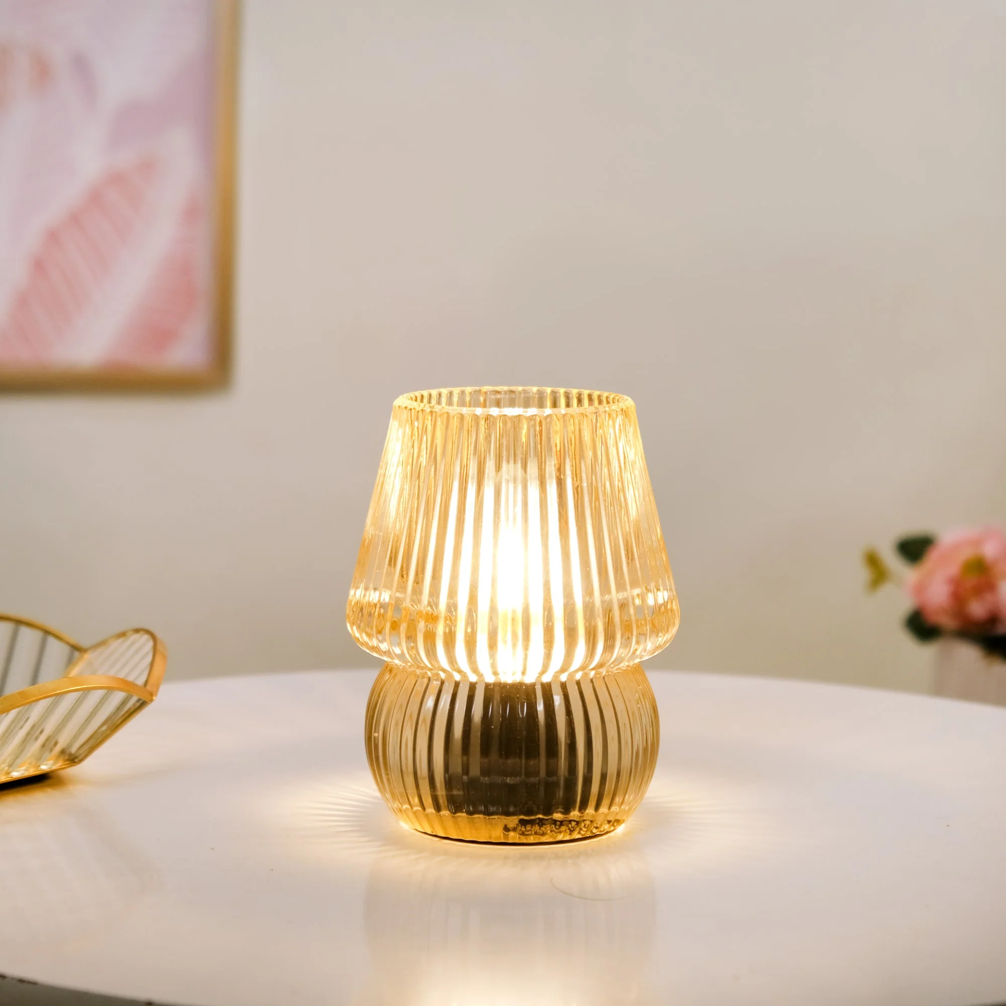 Lantern Style LED Glass Table Lamp Portable Battery Operated