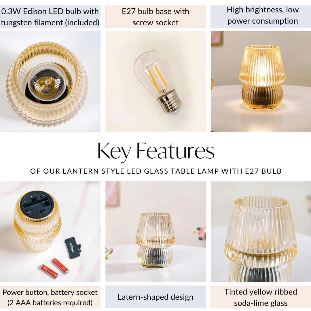 Lantern Style LED Glass Table Lamp Portable Battery Operated - Image 5