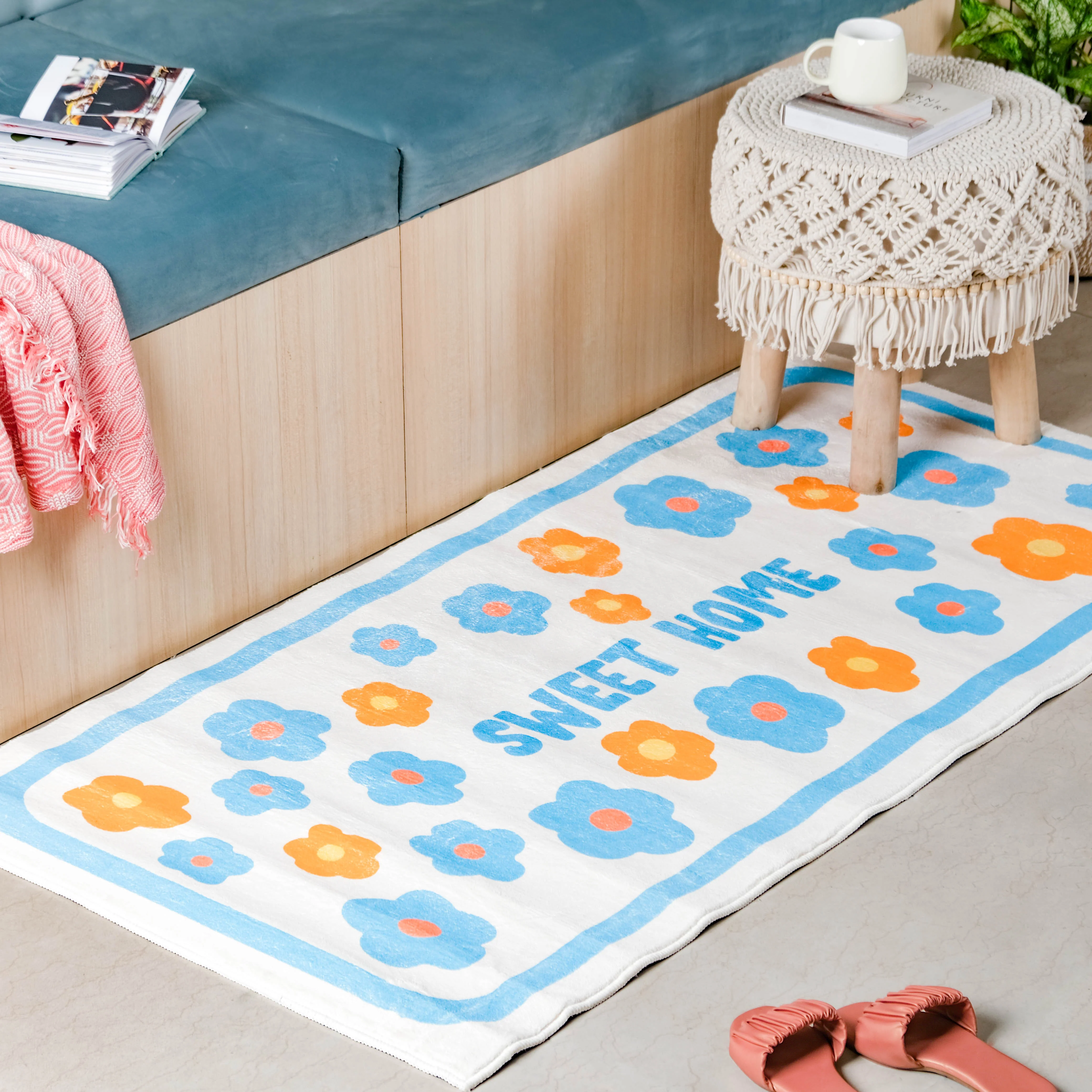 Large Blue Flower Floor Runner